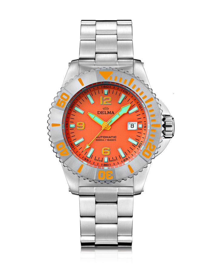 Delma Blue Shark IV mit orangefarbenem Zifferblatt und Edelstahlband