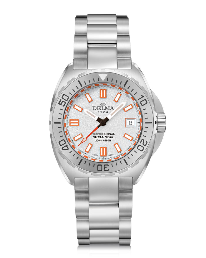 Delma Shell Star 41mm Automatic mit weißem Zifferblatt, Stahllünette und Edelstahlband