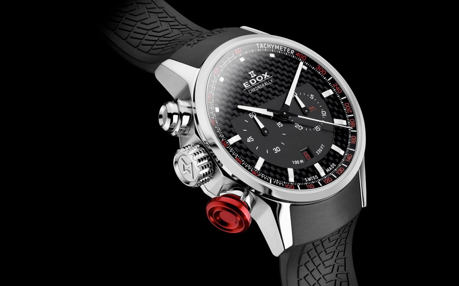 Edox Chronorally Chronograph mit schwarzem Zifferblatt und rotem Drücker