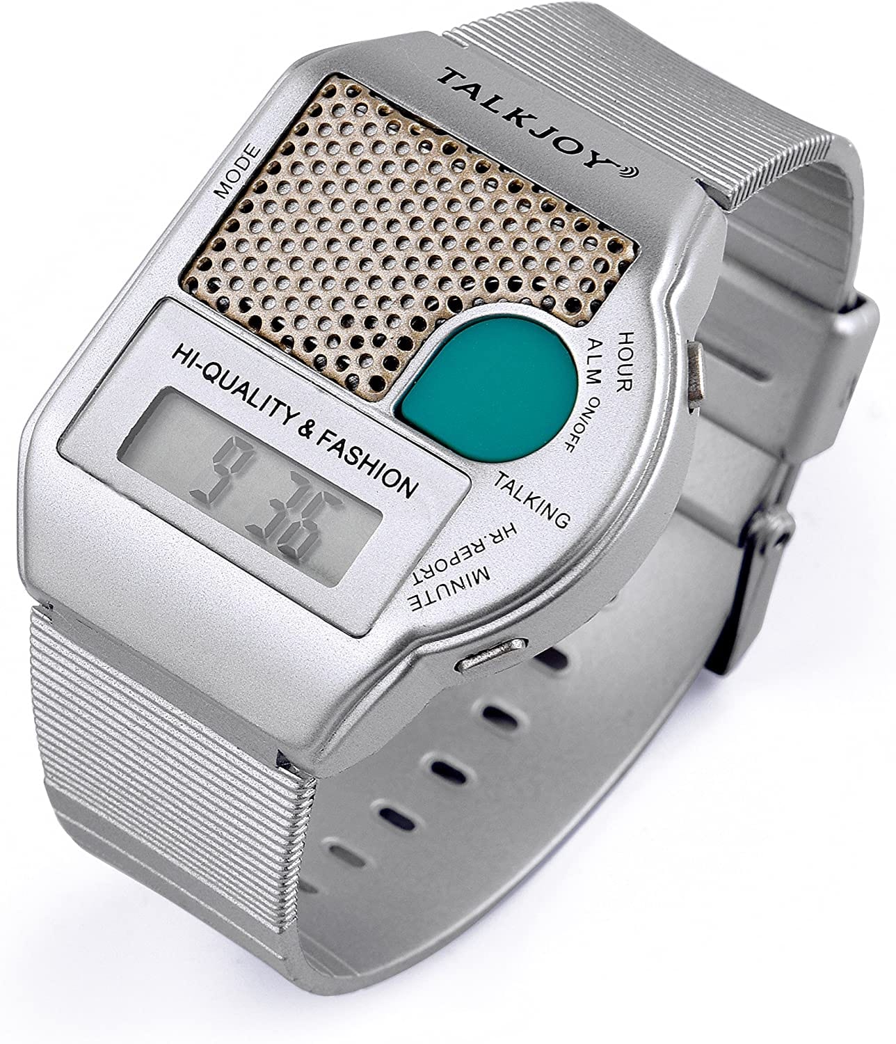Silberne sprechende Armbanduhr von TalkJoy mit großem grünem Ansageknopf