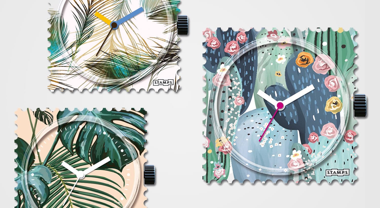 Bunte Stamps Uhren mit quadratischen Zifferblättern im Briefmarken-Design