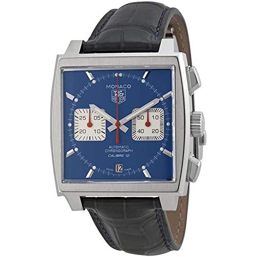 TAG Heuer Monaco Calibre 12 mit blauem Zifferblatt, quadratischem Stahlgehäuse und Krone auf der linken Seite