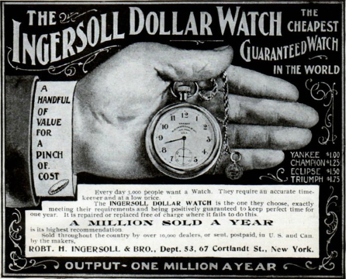 Historische Werbung für die Ingersoll Yankee Dollar Watch