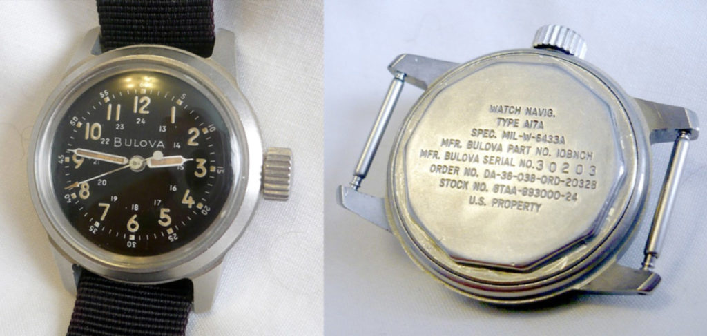 Historische Bulova A-11 mit schwarzem Zifferblatt und heller Minutenskala