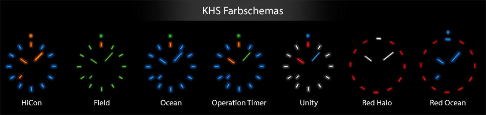 Verschiedene Farben selbstleuchtender H3-Gaslichtquellen auf KHS-Uhren